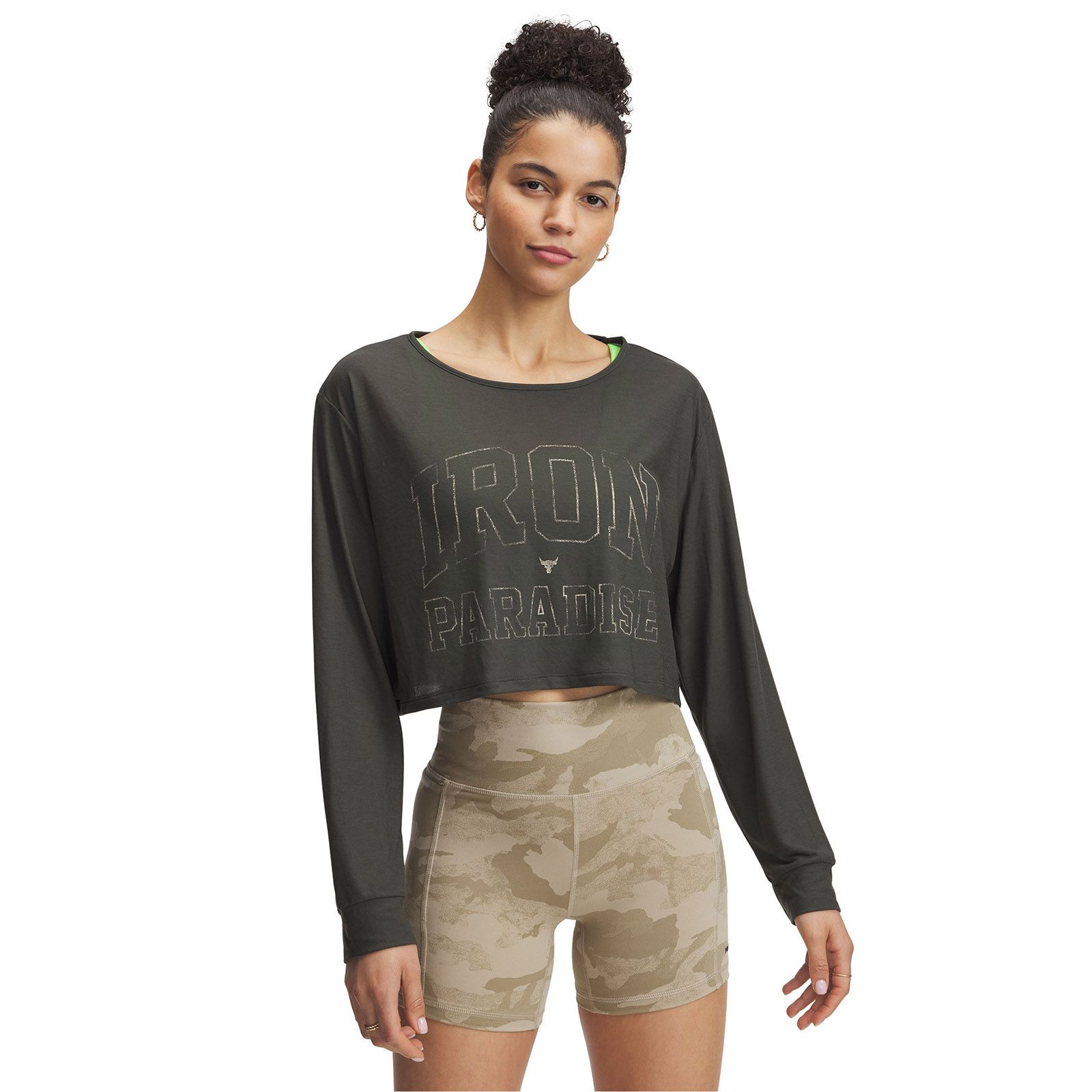 Polera manga larga Project Rock verde para mujer Under Armour