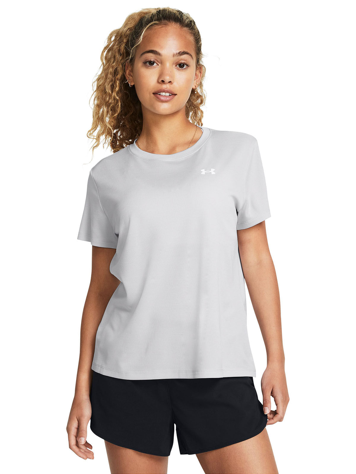 Polera manga corta UA tech gris para mujer