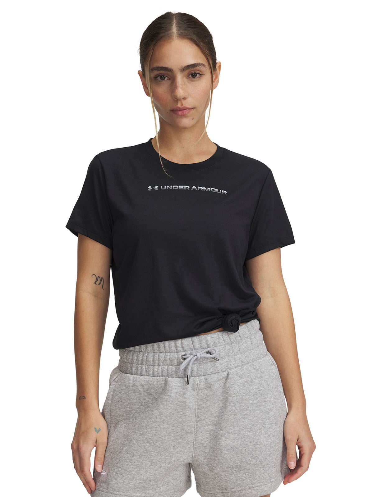 Polera manga corta UA tech pth gráfica negro para mujer