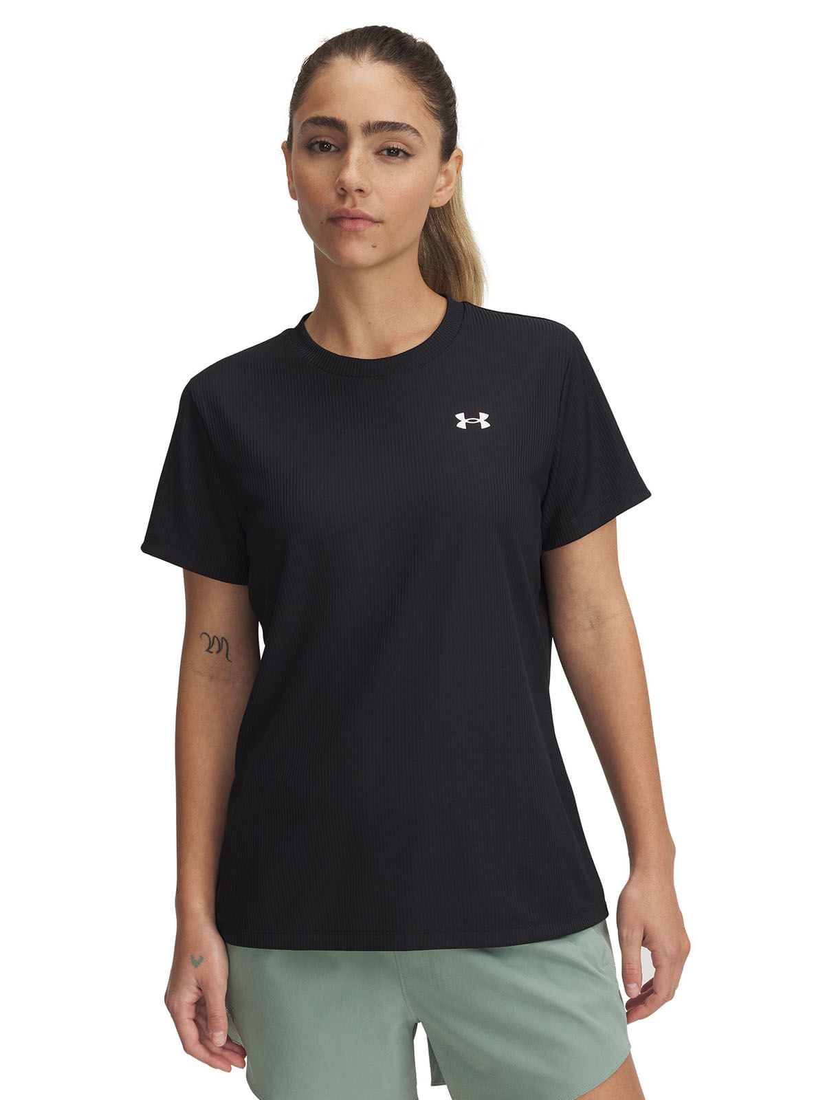 Polera manga corta UA tech rib negro para mujer